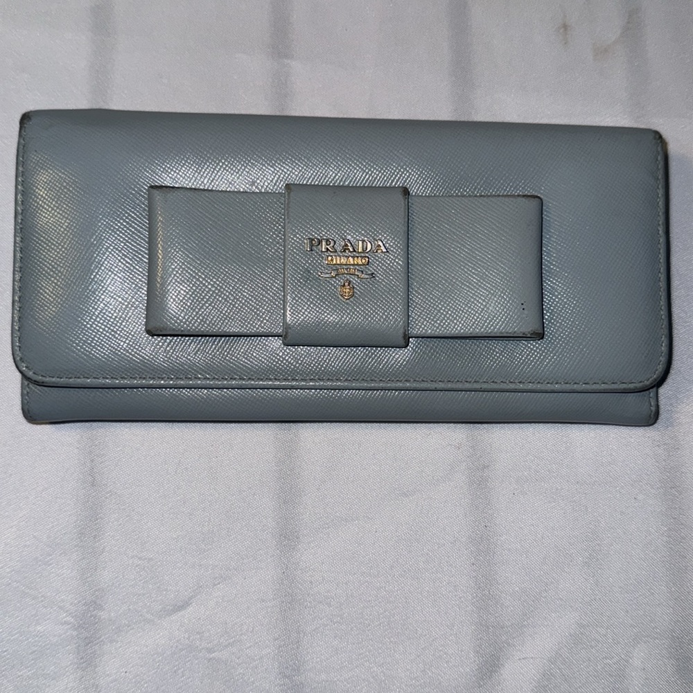 Authentic PRADA Saffiano Leather Fiocco Long Wallet Aqua GUC - Picture 5 of 12